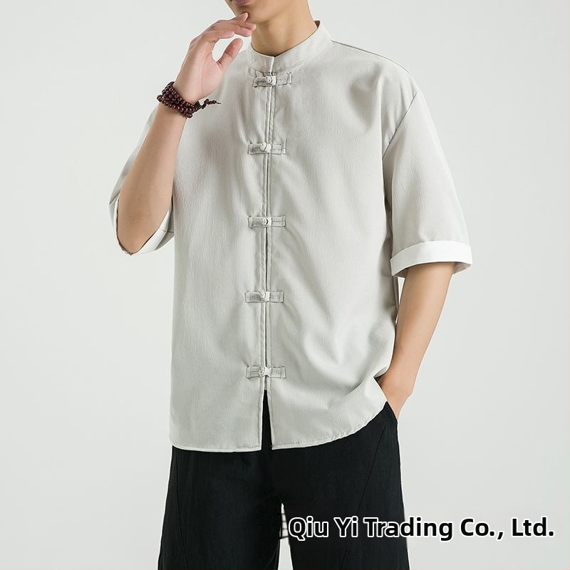 Cămașă din in cu guler stand, mâneci 3/4, nasturi, croială lejeră, 96% in