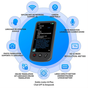 Translator cu traducere AI offline, suport pentru 160 de limbi, AI DeepSeek cu ChatGPT, Android OS, butoane + ecran tactil