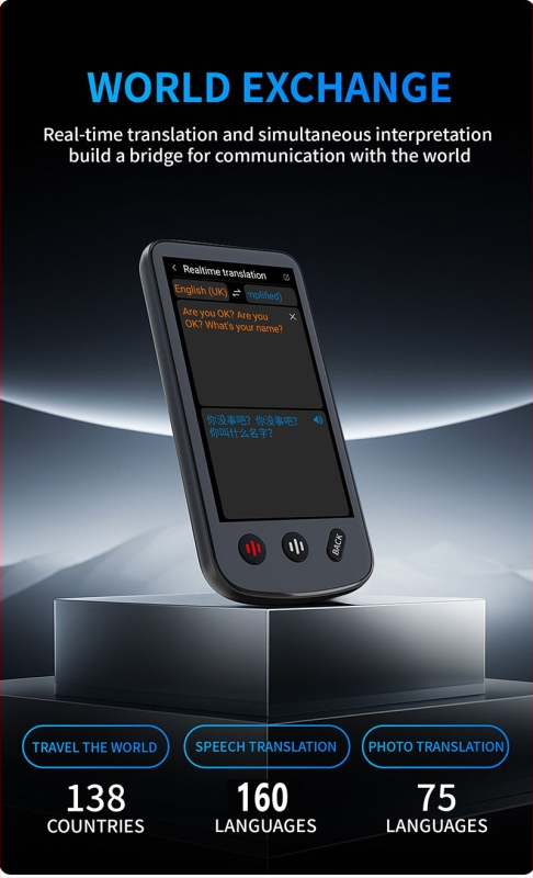 Translator cu traducere AI offline, suport pentru 160 de limbi, AI DeepSeek cu ChatGPT, Android OS, butoane + ecran tactil