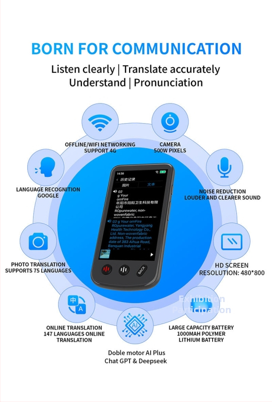 Translator cu traducere AI offline, suport pentru 160 de limbi, AI DeepSeek cu ChatGPT, Android OS, butoane + ecran tactil