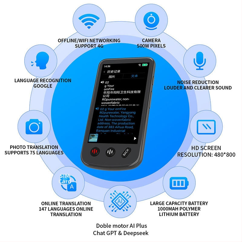 Translator cu traducere AI offline, suport pentru 160 de limbi, AI DeepSeek cu ChatGPT, Android OS, butoane + ecran tactil