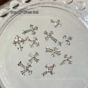 Set de bijuterii pentru unghii cu modele Cruce și Crow Heart, stil vintage punk retro, material din aliaj, seria Princess