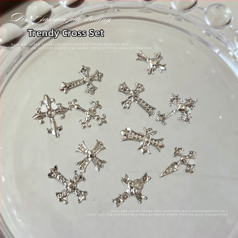 Set de bijuterii pentru unghii cu modele Cruce și Crow Heart, stil vintage punk retro, material din aliaj, seria Princess