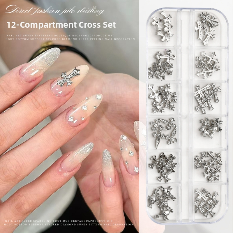 Set de bijuterii pentru unghii cu modele Cruce și Crow Heart, stil vintage punk retro, material din aliaj, seria Princess