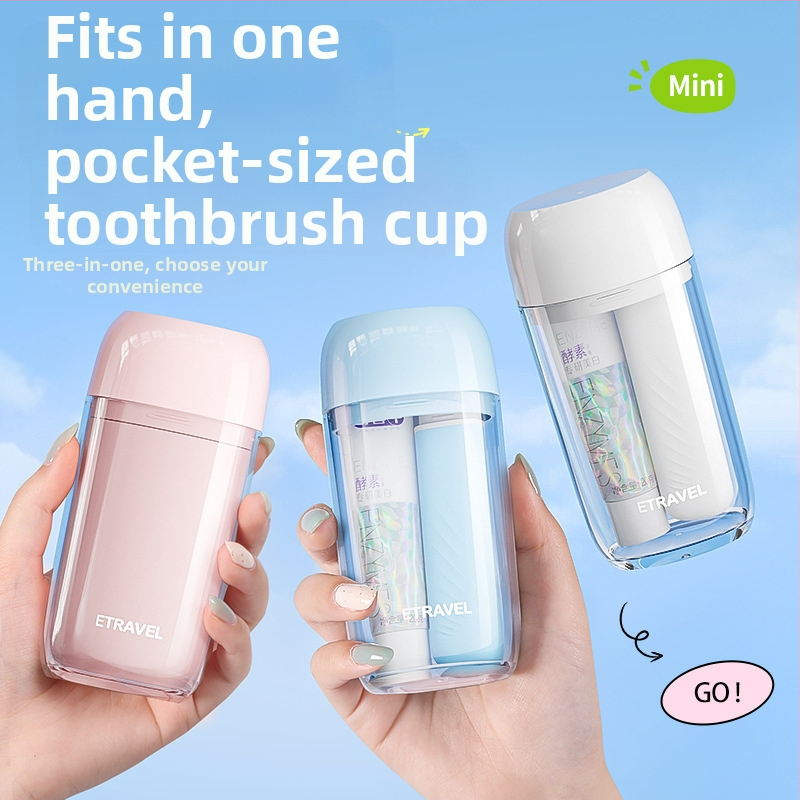 Set portabil de igienă orală din plastic pentru călătorii: cană de clătire, cupă pentru periuța de dinți și spațiu de depozitare pentru pastă – 3 în 1
