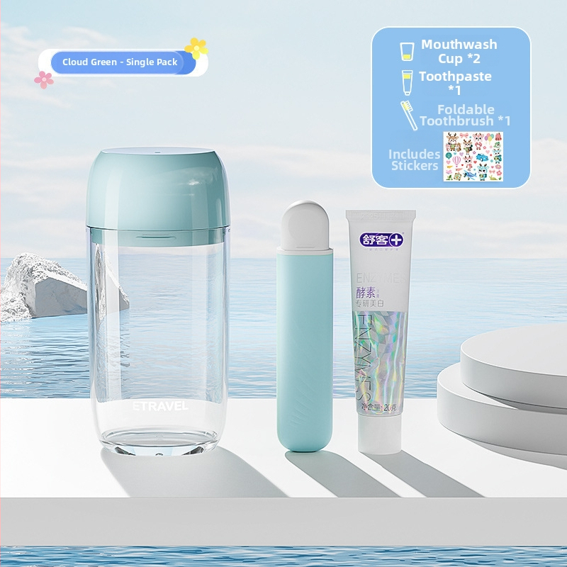 Set portabil de igienă orală din plastic pentru călătorii: cană de clătire, cupă pentru periuța de dinți și spațiu de depozitare pentru pastă – 3 în 1