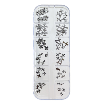 Комплект за маникюрно изкуство – метални обкови, дизайн Кръст, Сърце и Звезда, кутия с 12 клетки