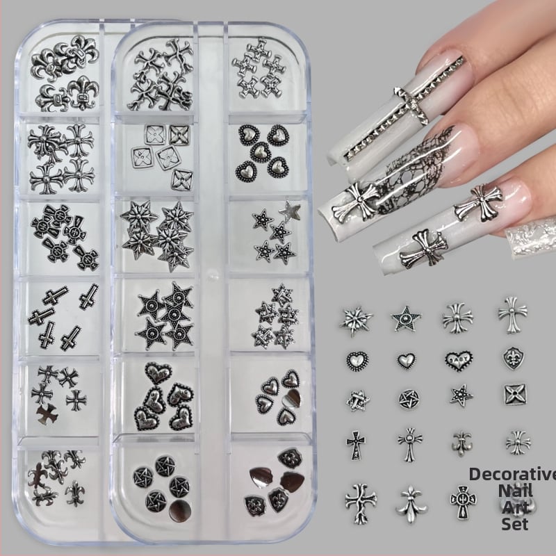Комплект за маникюрно изкуство – метални обкови, дизайн Кръст, Сърце и Звезда, кутия с 12 клетки