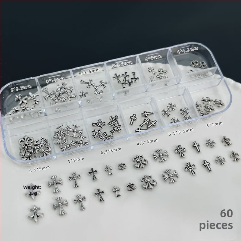 Комплект за маникюрно изкуство – метални обкови, дизайн Кръст, Сърце и Звезда, кутия с 12 клетки