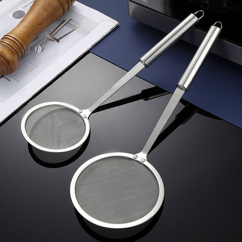 Lingură-filtru din oțel inoxidabil cu plasă fină pentru lapte de soia, suc și făină; antialunecare, antiarși