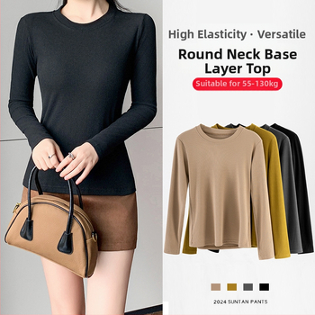 Top din modal pentru femei, mâneci lungi, croială slim, guler rotund, 70-80% fibră modală, Primăvara 2025