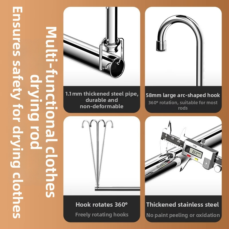 Bară de uscat haine din oțel inoxidabil pentru balcon, montaj superior, telescopic, fără găuri