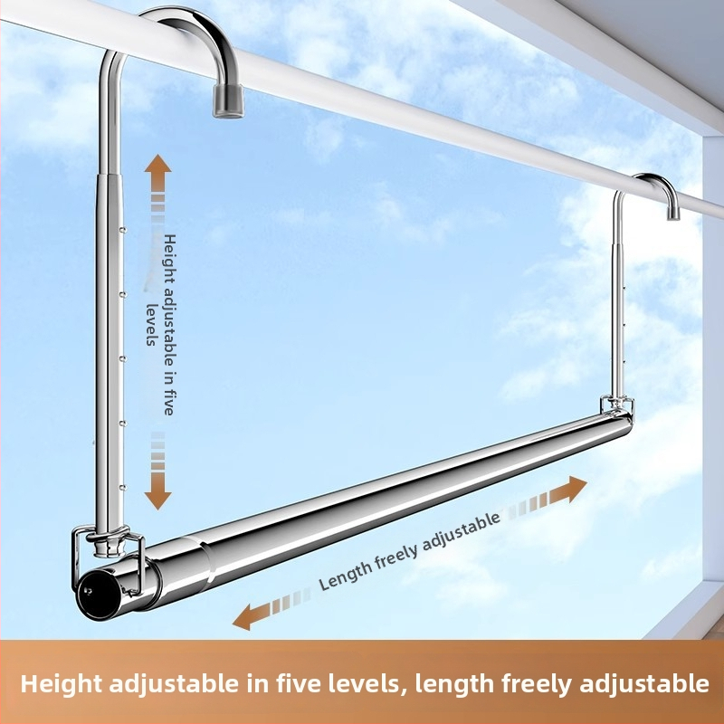 Bară de uscat haine din oțel inoxidabil pentru balcon, montaj superior, telescopic, fără găuri