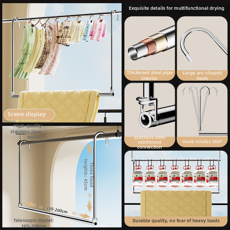 Bară de uscat haine din oțel inoxidabil pentru balcon, montaj superior, telescopic, fără găuri