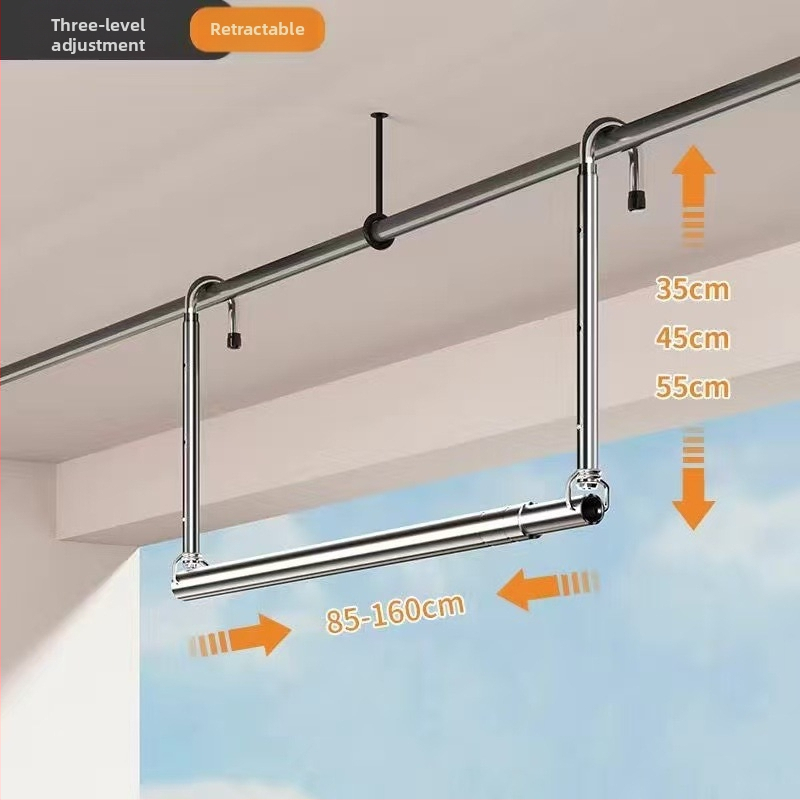 Bară de uscat haine din oțel inoxidabil pentru balcon, montaj superior, telescopic, fără găuri