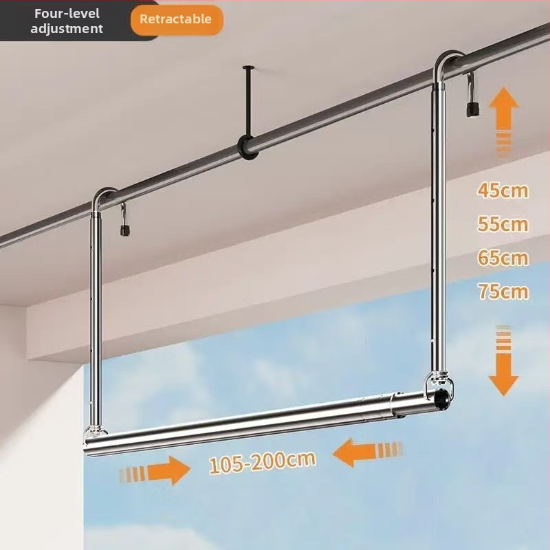 Bară de uscat haine din oțel inoxidabil pentru balcon, montaj superior, telescopic, fără găuri