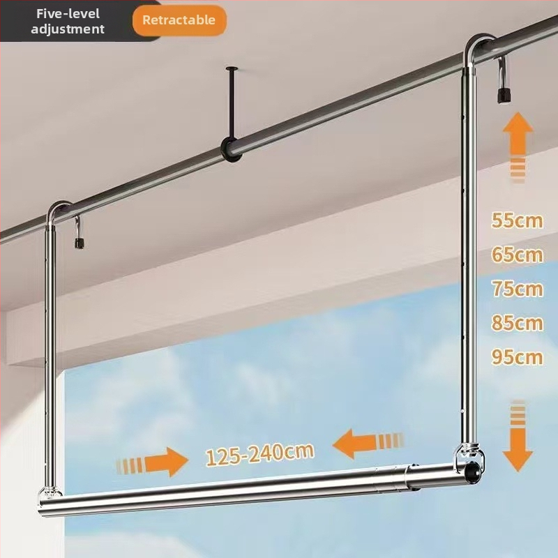 Bară de uscat haine din oțel inoxidabil pentru balcon, montaj superior, telescopic, fără găuri