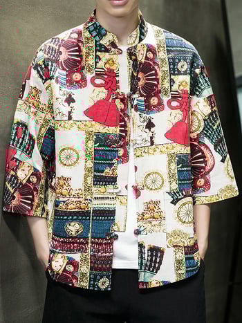 Cămașă de bărbați în stil chinezesc nou, țesătură respirabilă din bumbac și in, mâneci 3/4, imprimeu floral, croială lejeră