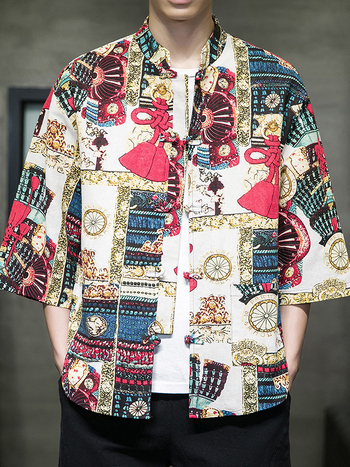 Cămașă de bărbați în stil chinezesc nou, țesătură respirabilă din bumbac și in, mâneci 3/4, imprimeu floral, croială lejeră