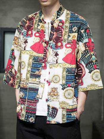 Cămașă de bărbați în stil chinezesc nou, țesătură respirabilă din bumbac și in, mâneci 3/4, imprimeu floral, croială lejeră