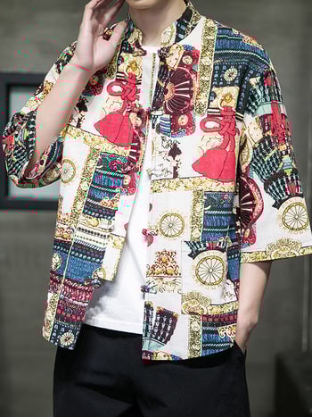 Cămașă de bărbați în stil chinezesc nou, țesătură respirabilă din bumbac și in, mâneci 3/4, imprimeu floral, croială lejeră