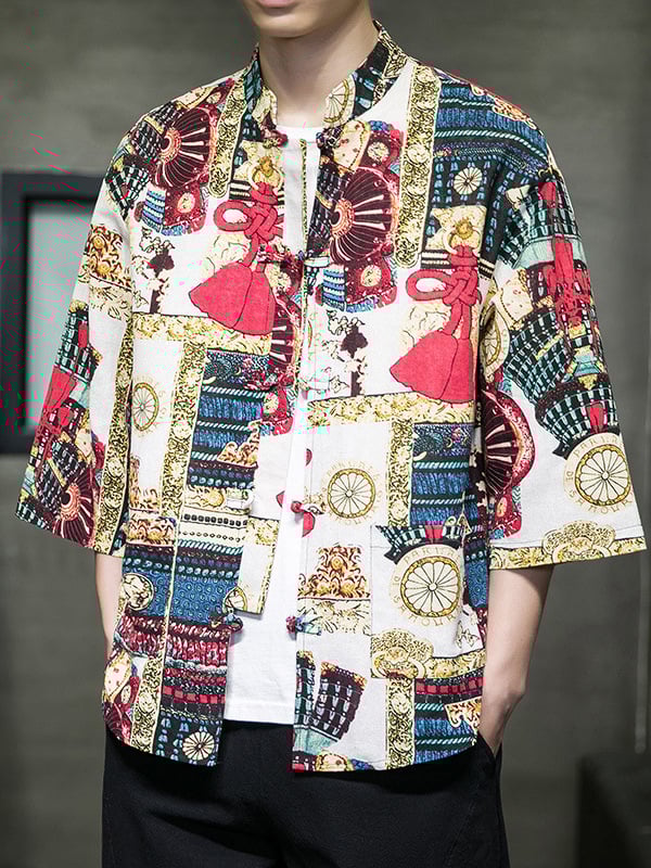 Cămașă de bărbați în stil chinezesc nou, țesătură respirabilă din bumbac și in, mâneci 3/4, imprimeu floral, croială lejeră