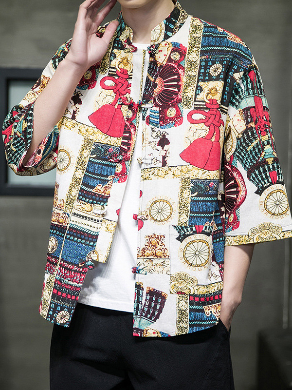 Cămașă de bărbați în stil chinezesc nou, țesătură respirabilă din bumbac și in, mâneci 3/4, imprimeu floral, croială lejeră