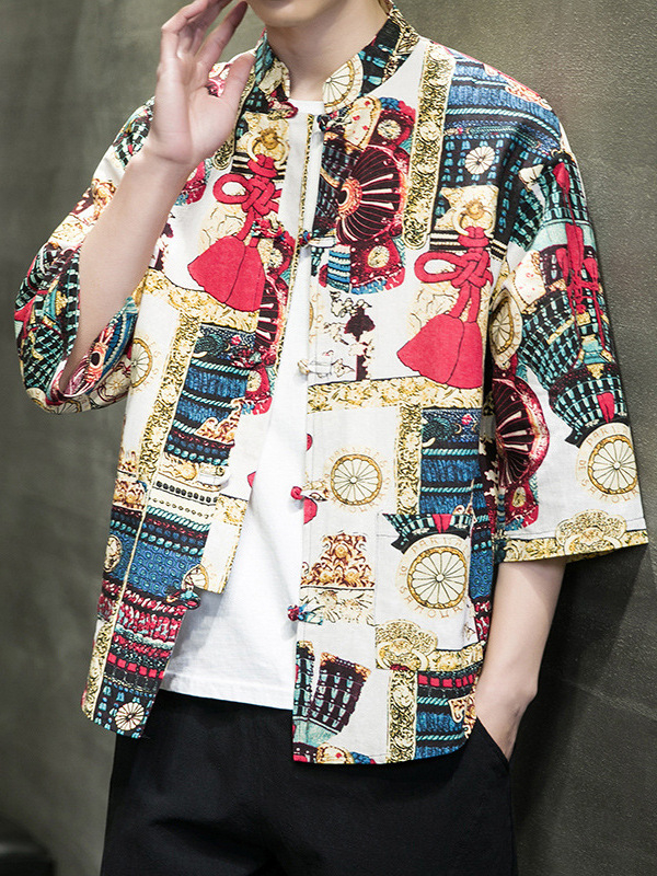 Cămașă de bărbați în stil chinezesc nou, țesătură respirabilă din bumbac și in, mâneci 3/4, imprimeu floral, croială lejeră