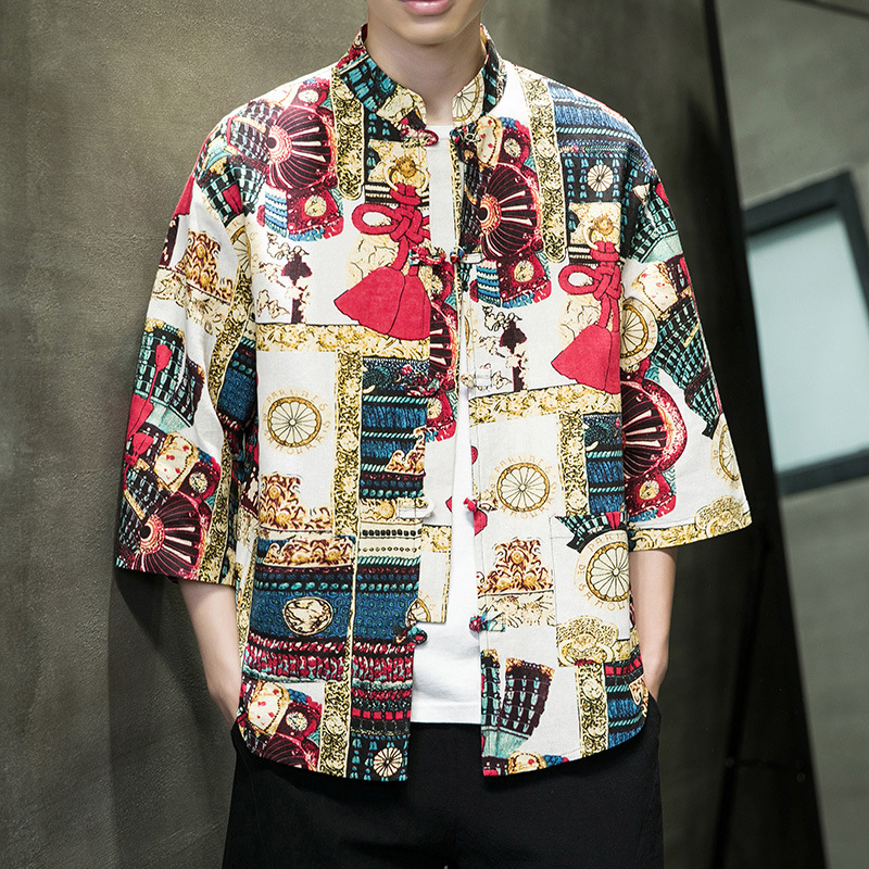 Cămașă de bărbați în stil chinezesc nou, țesătură respirabilă din bumbac și in, mâneci 3/4, imprimeu floral, croială lejeră