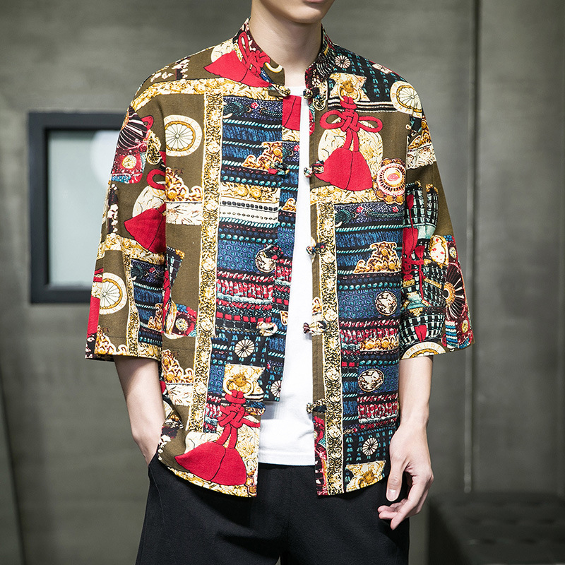 Cămașă de bărbați în stil chinezesc nou, țesătură respirabilă din bumbac și in, mâneci 3/4, imprimeu floral, croială lejeră