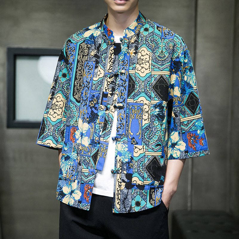 Cămașă de bărbați în stil chinezesc nou, țesătură respirabilă din bumbac și in, mâneci 3/4, imprimeu floral, croială lejeră