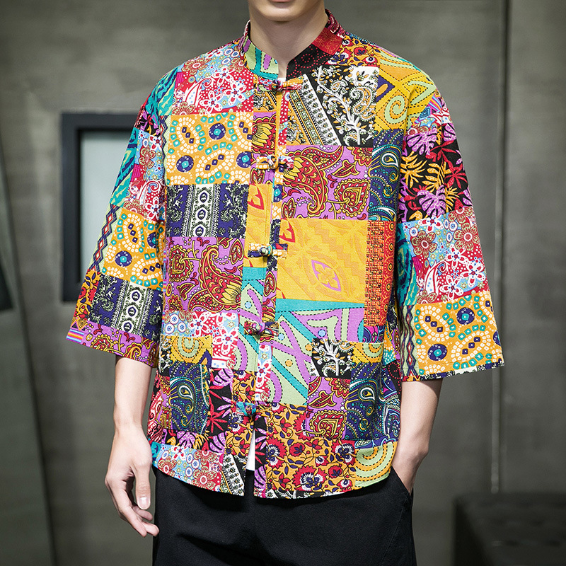 Cămașă de bărbați în stil chinezesc nou, țesătură respirabilă din bumbac și in, mâneci 3/4, imprimeu floral, croială lejeră