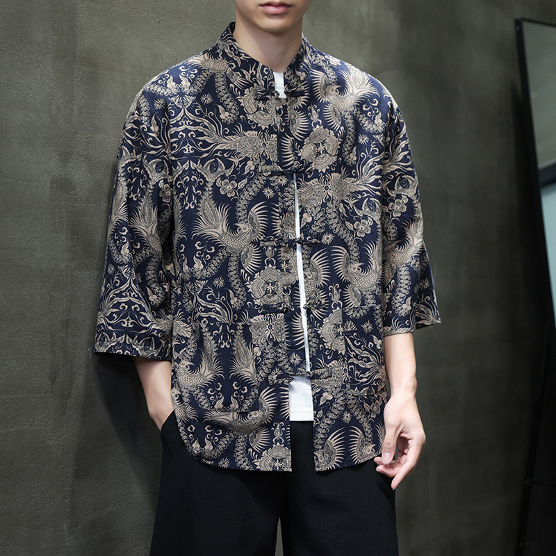 Cămașă de bărbați în stil chinezesc nou, țesătură respirabilă din bumbac și in, mâneci 3/4, imprimeu floral, croială lejeră