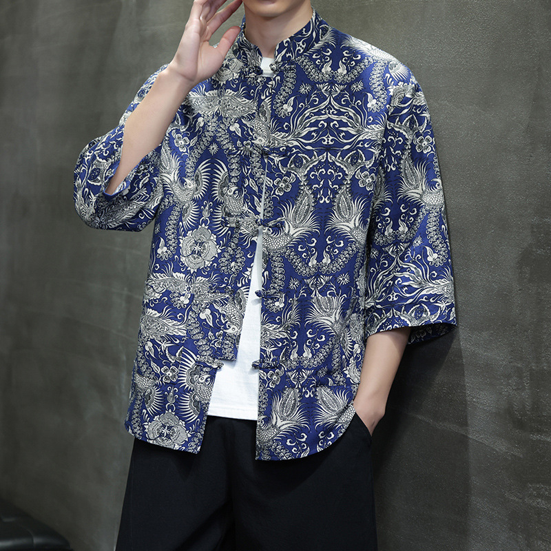 Cămașă de bărbați în stil chinezesc nou, țesătură respirabilă din bumbac și in, mâneci 3/4, imprimeu floral, croială lejeră