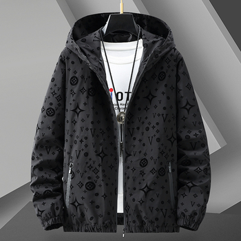 Geacă casual pentru bărbați, cu glugă, croială lejeră, lungă, fermoar frontal, material din amestec poliester