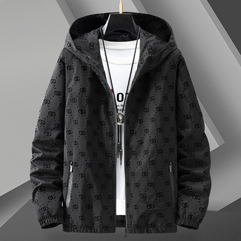 Geacă casual pentru bărbați, cu glugă, croială lejeră, lungă, fermoar frontal, material din amestec poliester