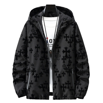 Geacă casual pentru bărbați, cu glugă, croială lejeră, lungă, fermoar frontal, material din amestec poliester