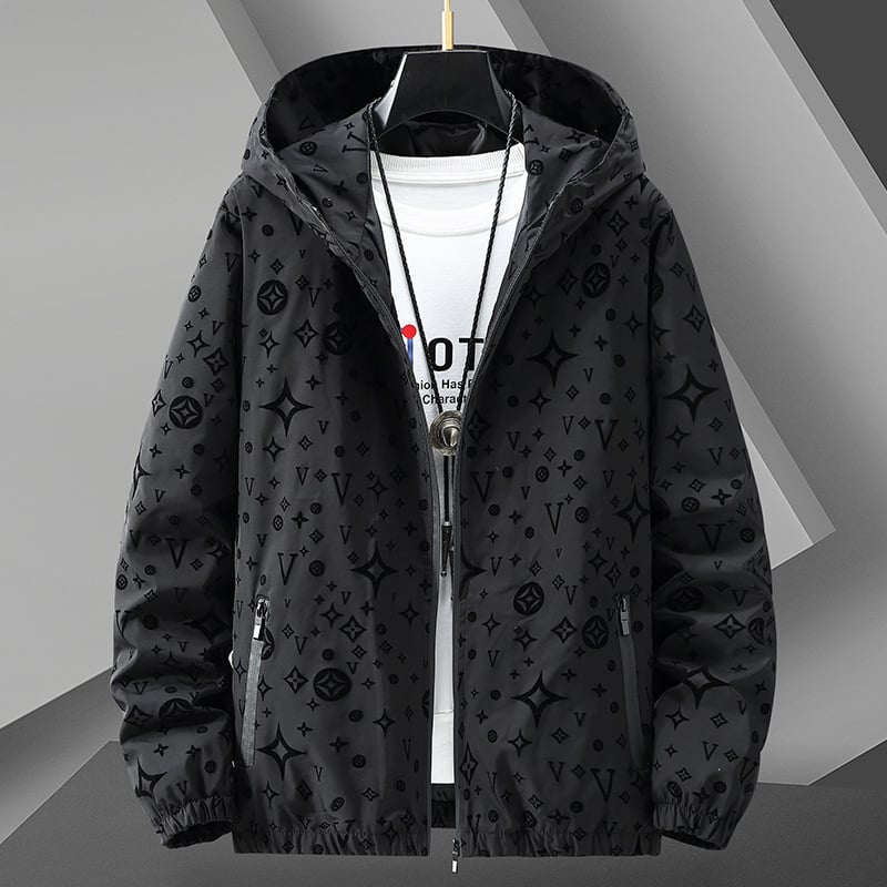 Geacă casual pentru bărbați, cu glugă, croială lejeră, lungă, fermoar frontal, material din amestec poliester