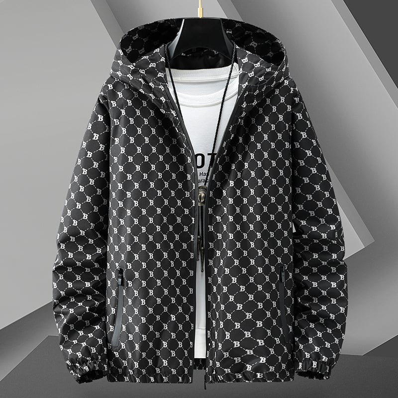 Geacă casual pentru bărbați, cu glugă, croială lejeră, lungă, fermoar frontal, material din amestec poliester