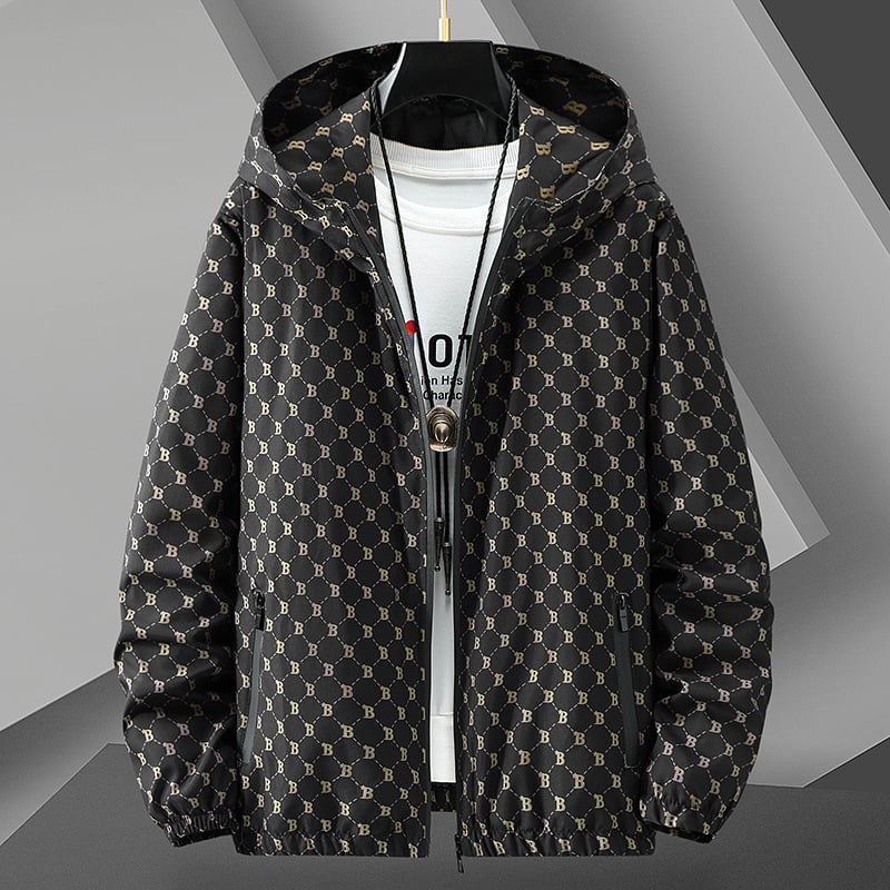 Geacă casual pentru bărbați, cu glugă, croială lejeră, lungă, fermoar frontal, material din amestec poliester