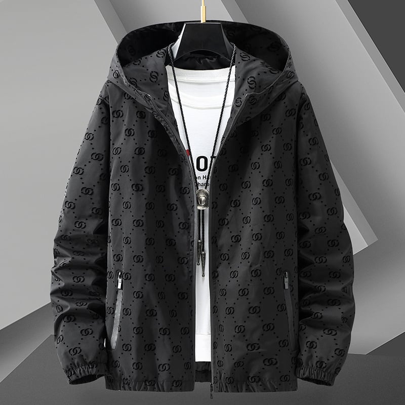 Geacă casual pentru bărbați, cu glugă, croială lejeră, lungă, fermoar frontal, material din amestec poliester