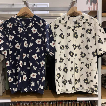 Cămașă cu imprimeu floral fracturat, stil japonez retro, cu guler înalt, mâneci scurte