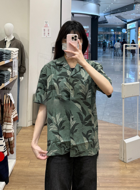 Cămașă cu imprimeu floral fracturat, stil japonez retro, cu guler înalt, mâneci scurte