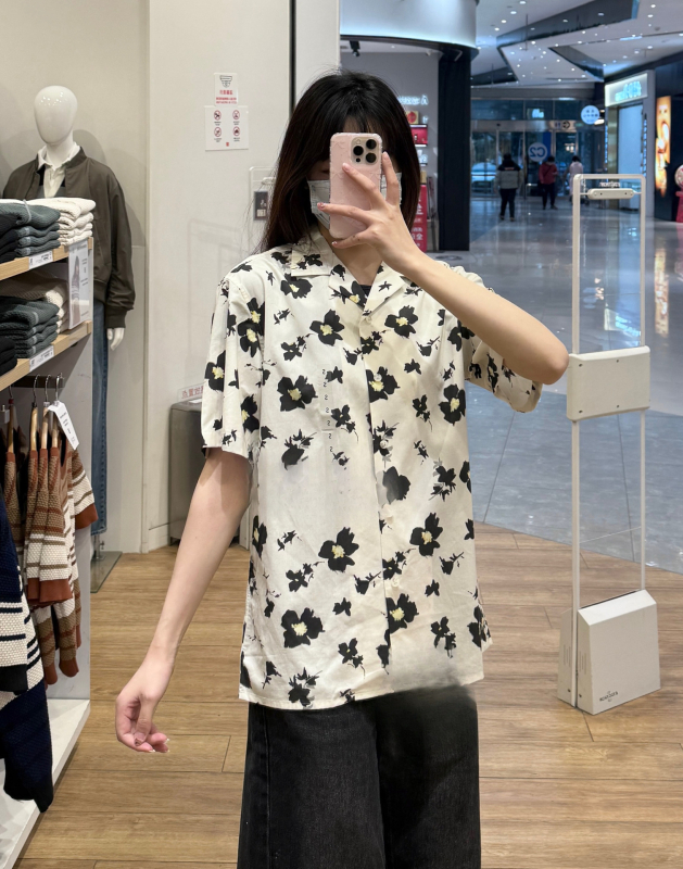 Cămașă cu imprimeu floral fracturat, stil japonez retro, cu guler înalt, mâneci scurte