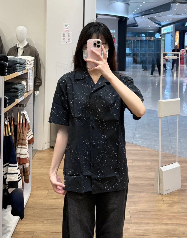 Cămașă cu imprimeu floral fracturat, stil japonez retro, cu guler înalt, mâneci scurte