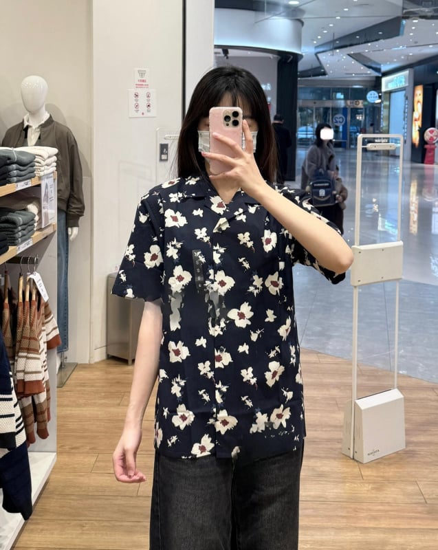 Cămașă cu imprimeu floral fracturat, stil japonez retro, cu guler înalt, mâneci scurte