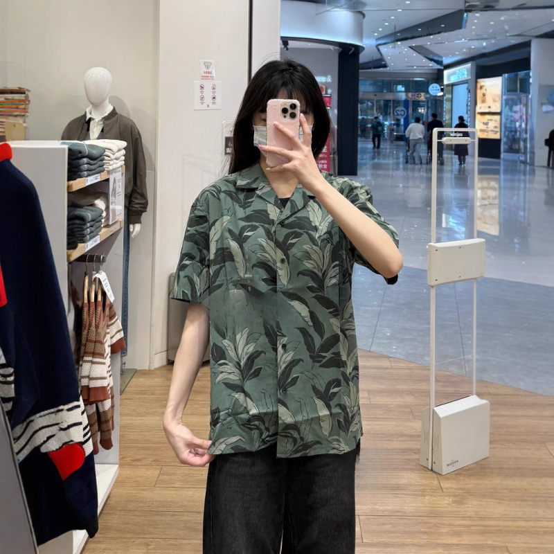 Cămașă cu imprimeu floral fracturat, stil japonez retro, cu guler înalt, mâneci scurte