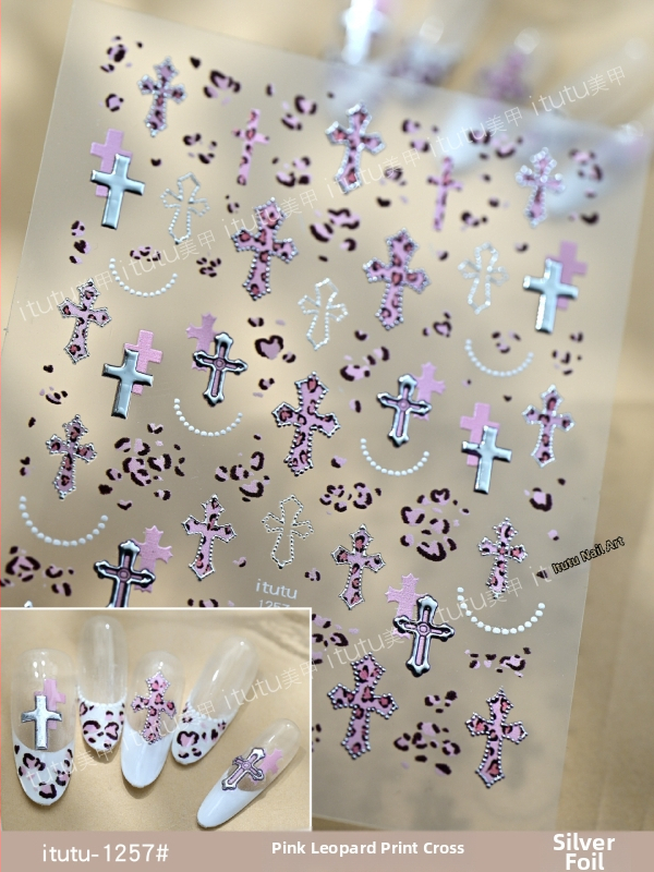 Itutu Autocolante pentru unghii cu imprimeu leopard, Cruce în relief, Efect bronzat