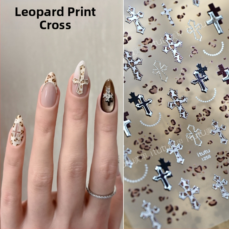 Itutu Autocolante pentru unghii cu imprimeu leopard, Cruce în relief, Efect bronzat