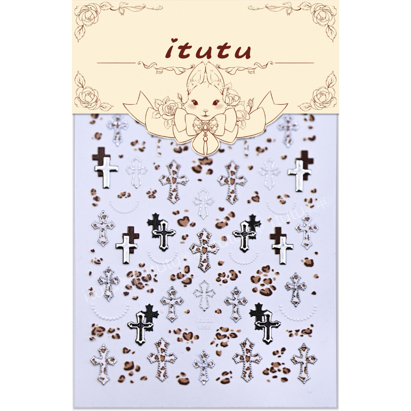 Itutu Autocolante pentru unghii cu imprimeu leopard, Cruce în relief, Efect bronzat
